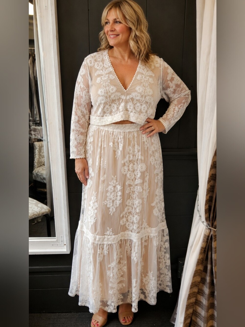 Altar'd State Long Cream Applique Floral Maxi Skirt
